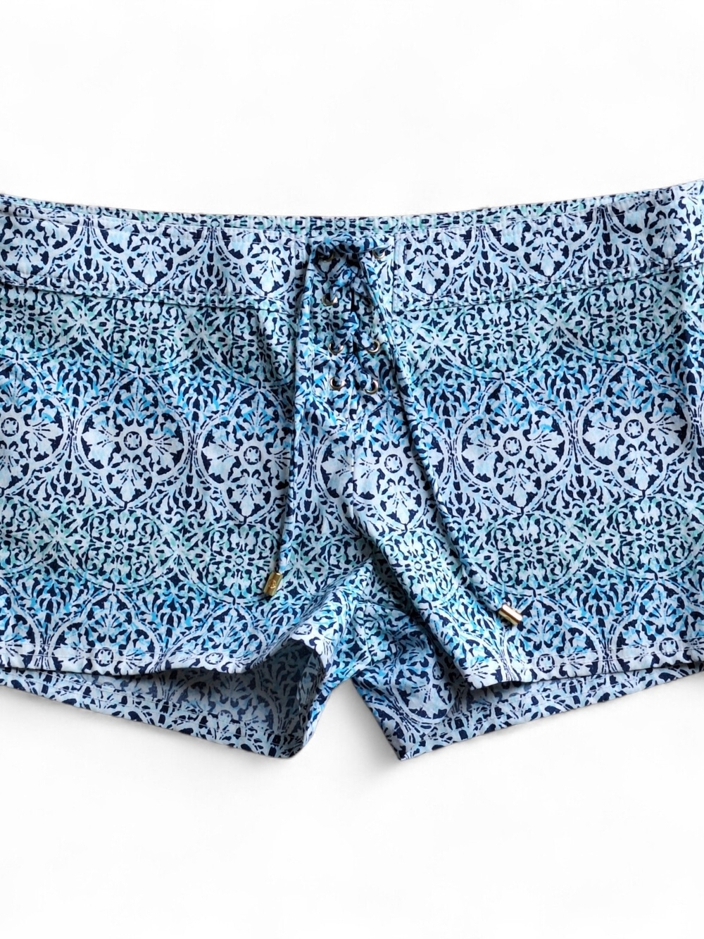 Helen Jon Geometric Blue Lace Up Stretch Board Shorts Swim Bottoms Made In USA